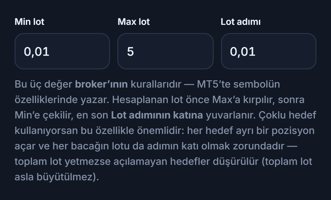 Min lot 0.01, Max lot 5 ve Lot adımı 0.01 alanları