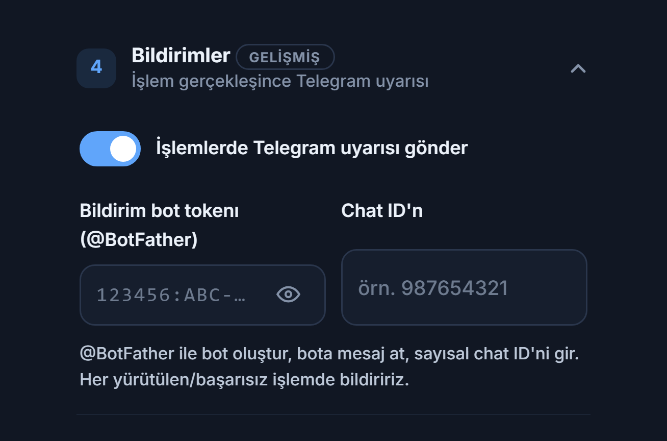 Bildirimler: açık Telegram uyarısı anahtarı, bot token ve Chat ID alanları