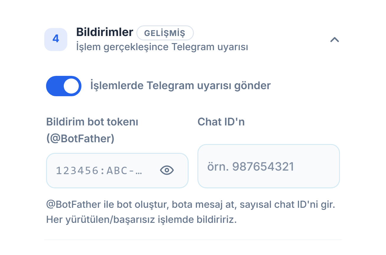 Bildirimler: açık Telegram uyarısı anahtarı, bot token ve Chat ID alanları