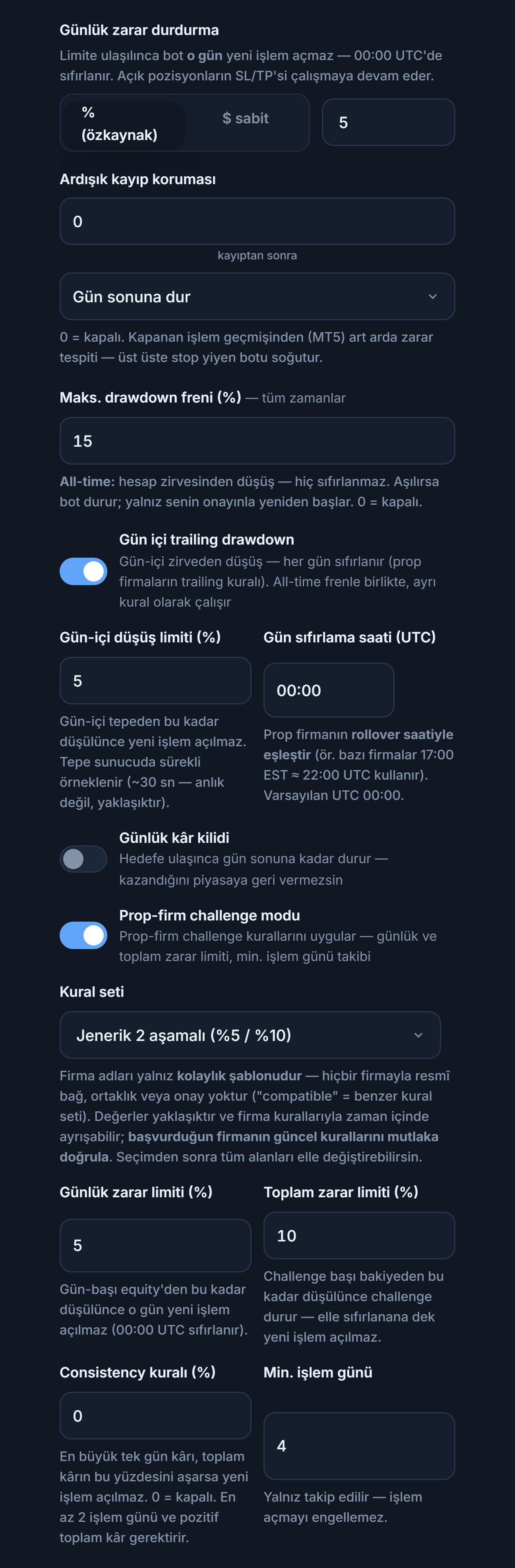 Koruma Kalkanı gelişmiş: günlük zarar durdurma, ardışık kayıp koruması, maks. drawdown, gün içi trailing drawdown, günlük kâr kilidi, prop-firm challenge modu ve kural seti