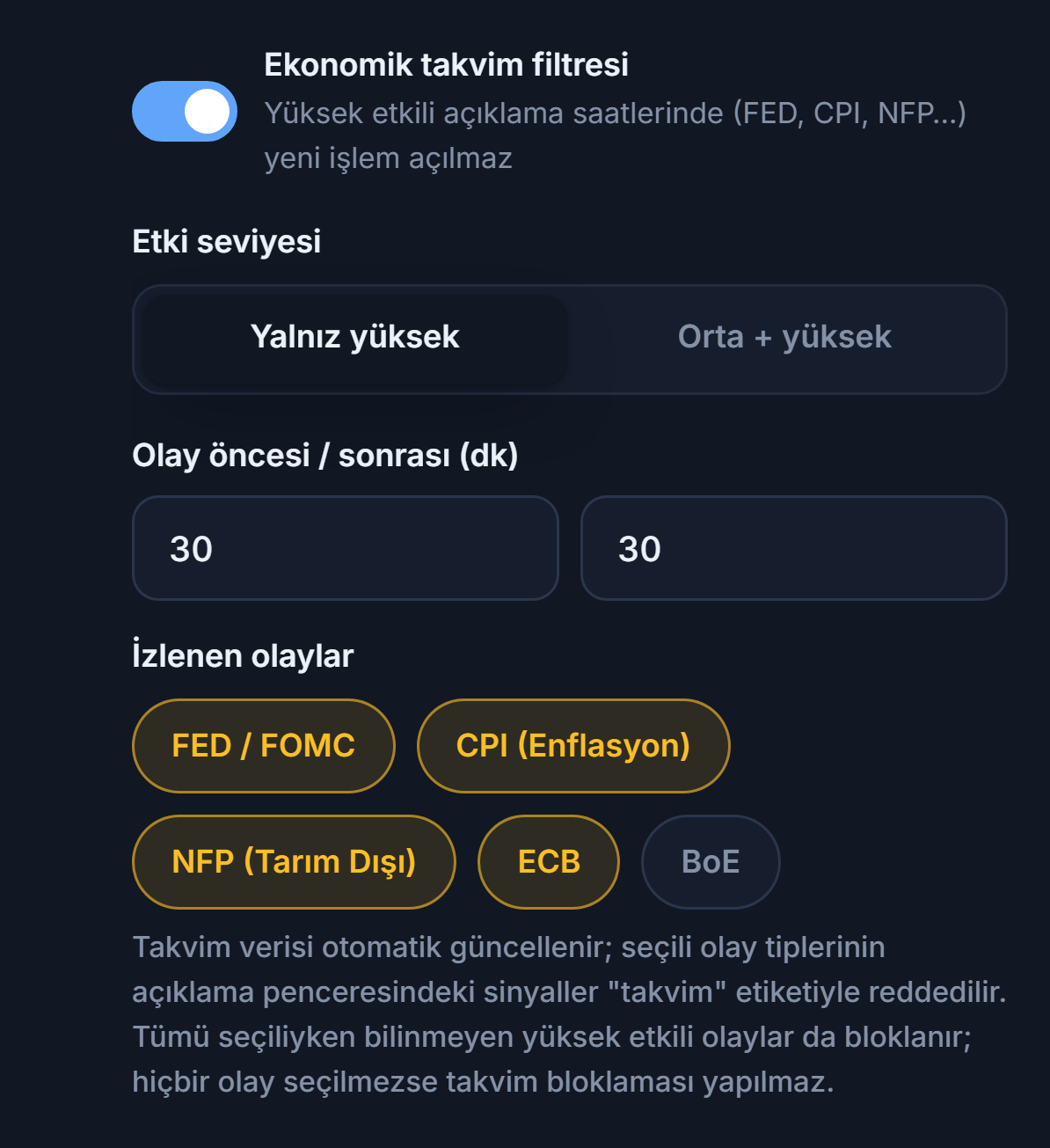 Ekonomik takvim filtresi: anahtar açık, etki seviyesi, haber öncesi ve sonrası dakika, olay türleri