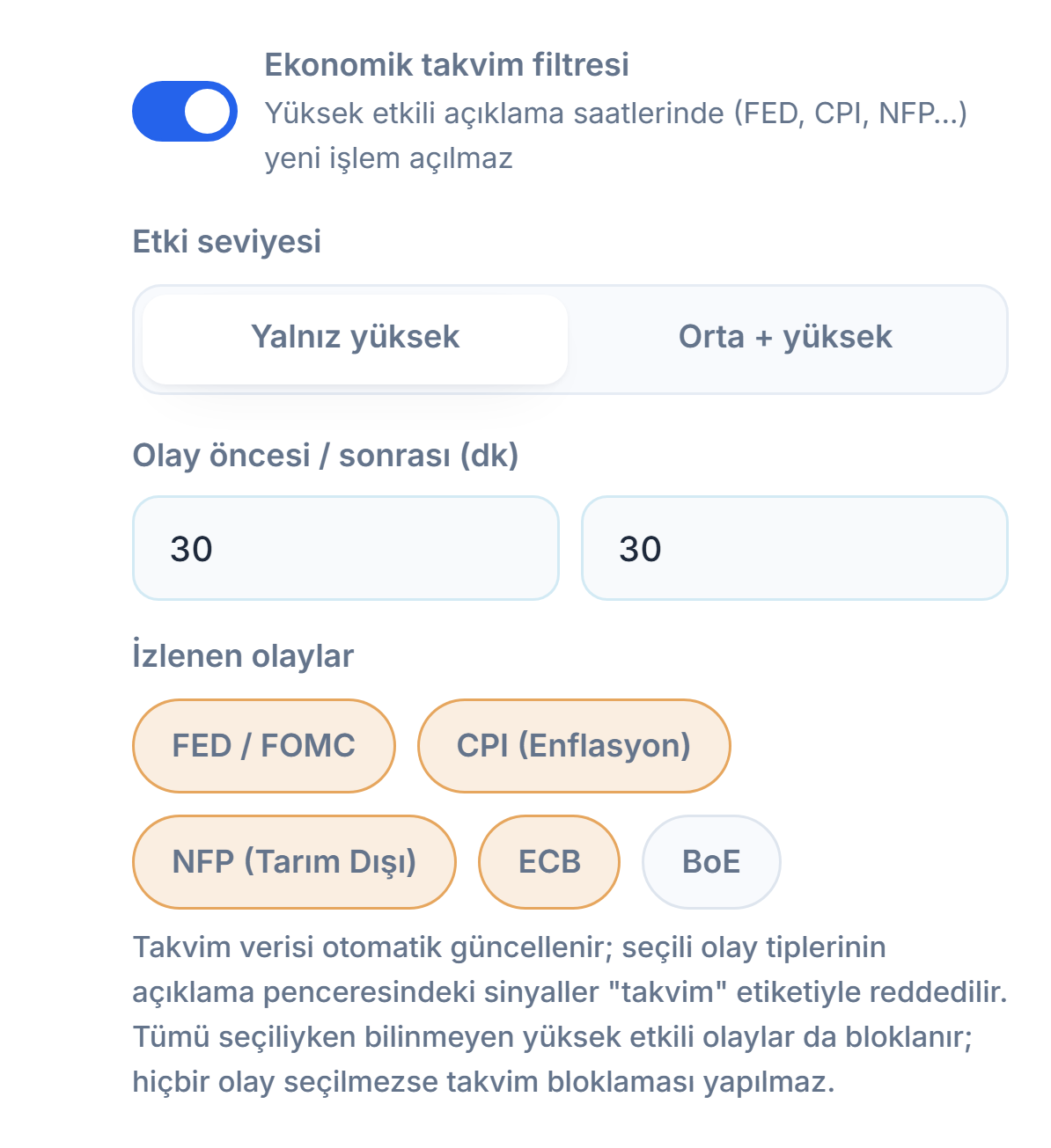 Ekonomik takvim filtresi: anahtar açık, etki seviyesi, haber öncesi ve sonrası dakika, olay türleri
