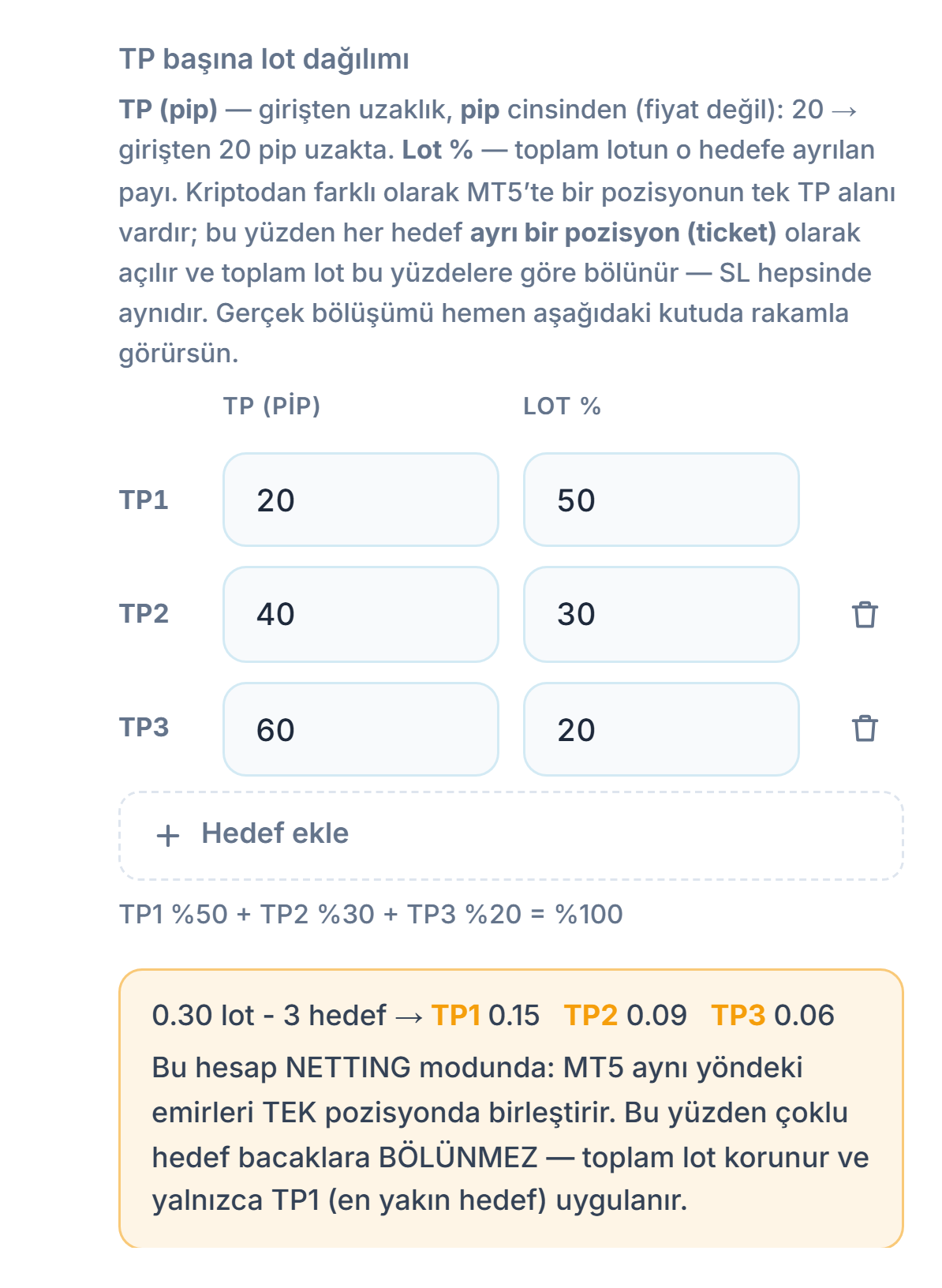 NETTING hesap notu: çoklu hedef bacaklara bölünmez, toplam lot korunur ve yalnızca TP1 uygulanır