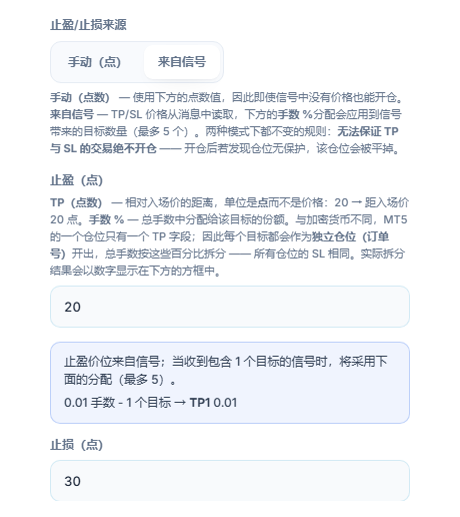止盈/止损（点）：止盈/止损来源已选中来自信号