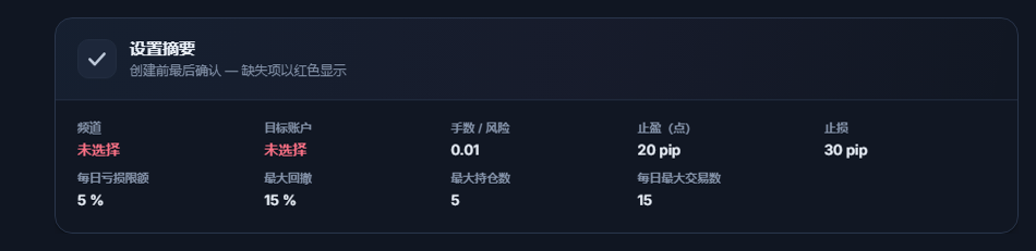 设置摘要：频道和目标账户字段显示红色“未选择”，以及手数、TP、止损、每日亏损和限额数值