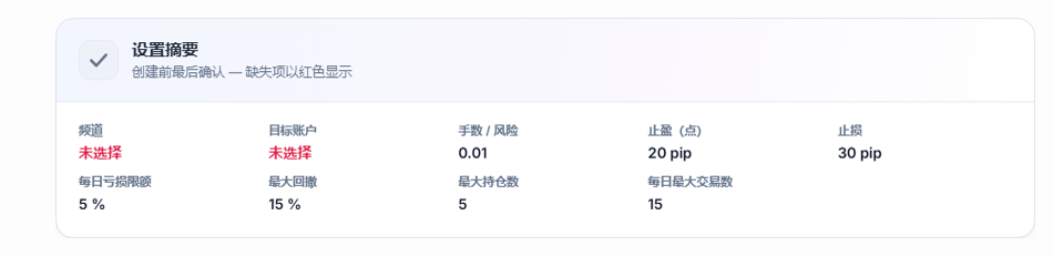 设置摘要：频道和目标账户字段显示红色“未选择”，以及手数、TP、止损、每日亏损和限额数值