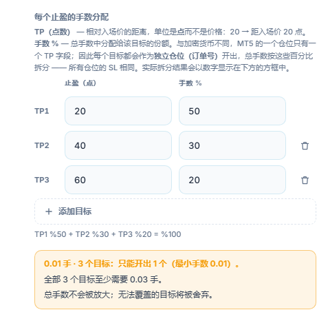 橙色警告：0.01 手 3 个目标，只能开 1 个目标；要满足 3 个目标至少需要 0.03 手