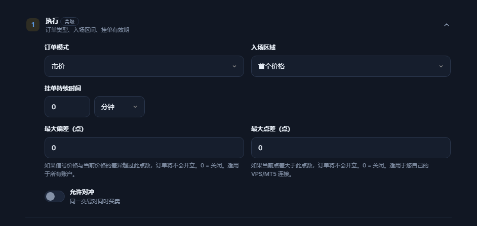 执行部分：订单模式、入场区域、挂单持续时间、最大偏差、最大点差和允许对冲开关