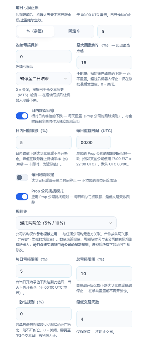 保护盾高级：每日亏损停止、连续亏损保护、最大回撤、日内跟踪回撤、每日利润锁定、Prop 公司挑战模式和规则集