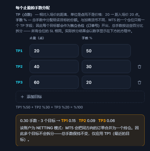 NETTING 账户提示：多个目标不会被拆分，保留总手数，只应用 TP1