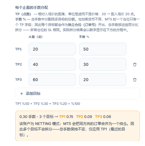 NETTING 账户提示：多个目标不会被拆分，保留总手数，只应用 TP1