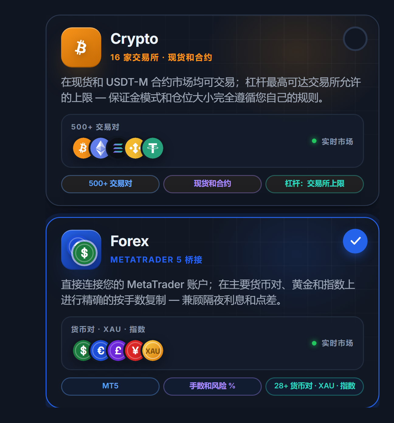 市场选择：Crypto 和 Forex 卡片，已选中 Forex 卡片