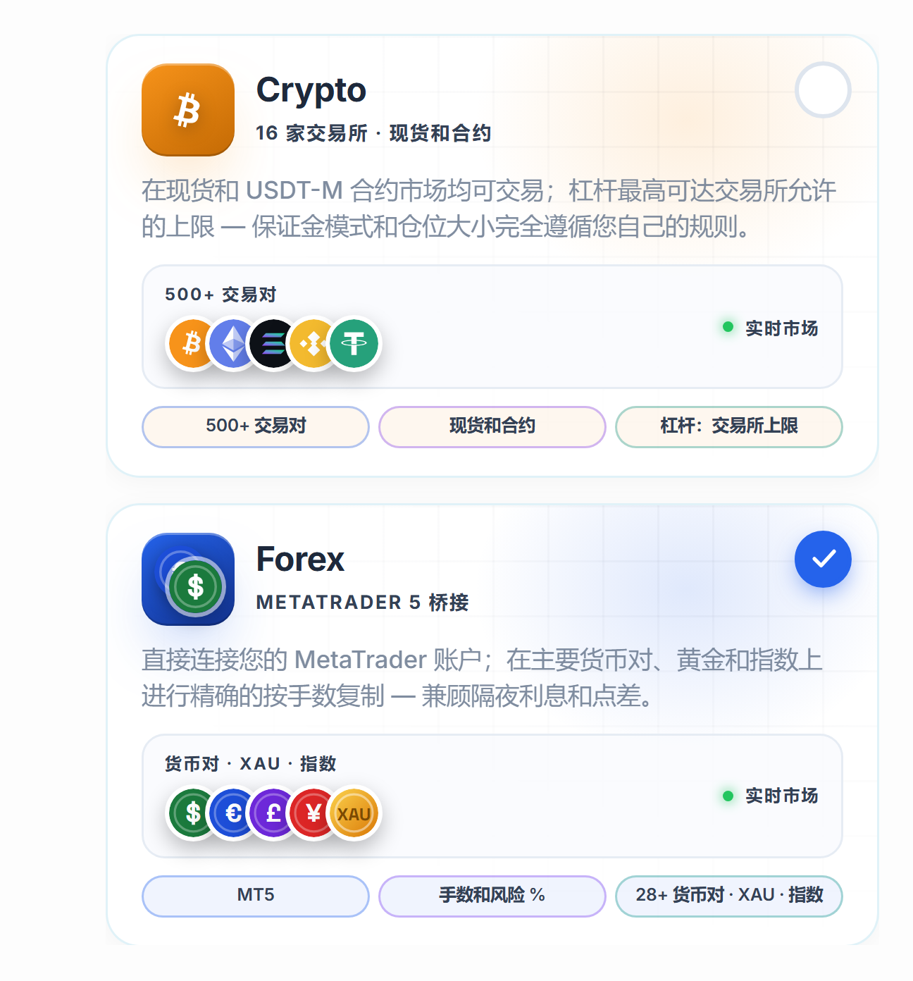 市场选择：Crypto 和 Forex 卡片，已选中 Forex 卡片