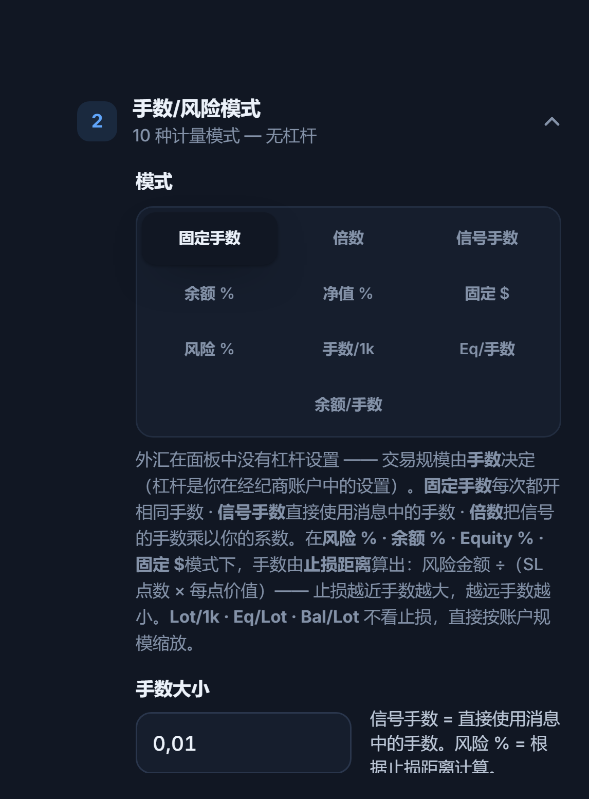 手数/风险模式部分：已选中固定手数，手数大小字段为 0.01