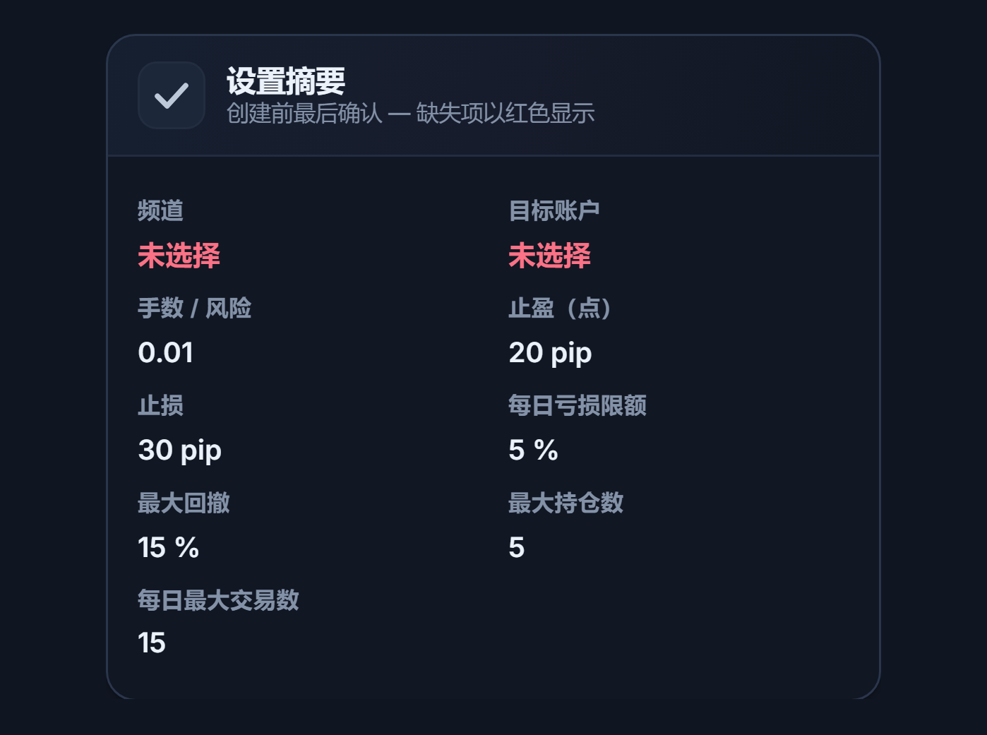 设置摘要：频道和目标账户字段显示红色“未选择”，以及手数、TP、止损、每日亏损和限额数值