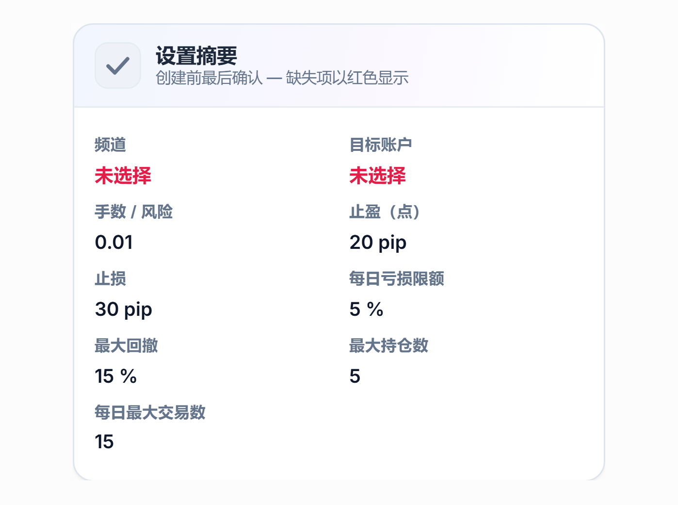 设置摘要：频道和目标账户字段显示红色“未选择”，以及手数、TP、止损、每日亏损和限额数值