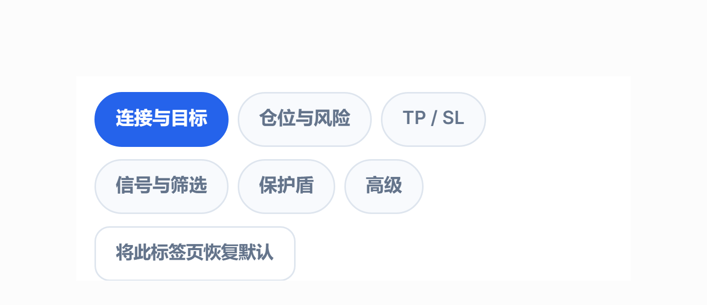 高级设置选项卡：连接、仓位、止盈和止损、信号、保护、高级，以及恢复默认值