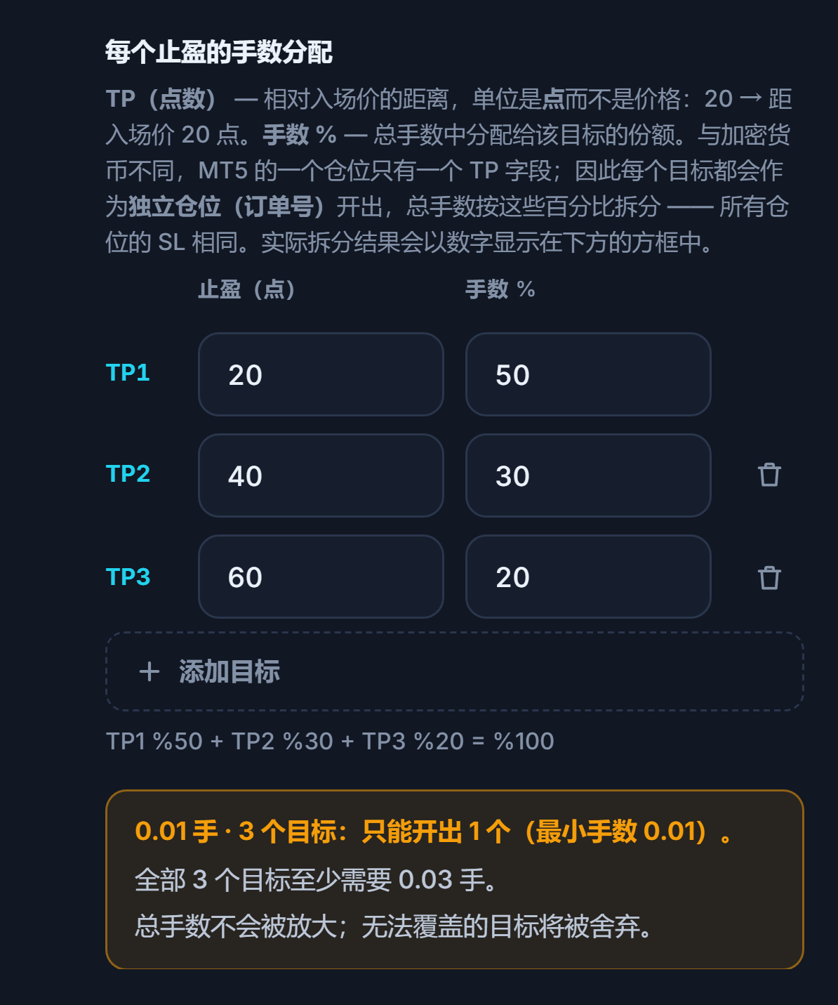 橙色警告：0.01 手 3 个目标，只能开 1 个目标；要满足 3 个目标至少需要 0.03 手