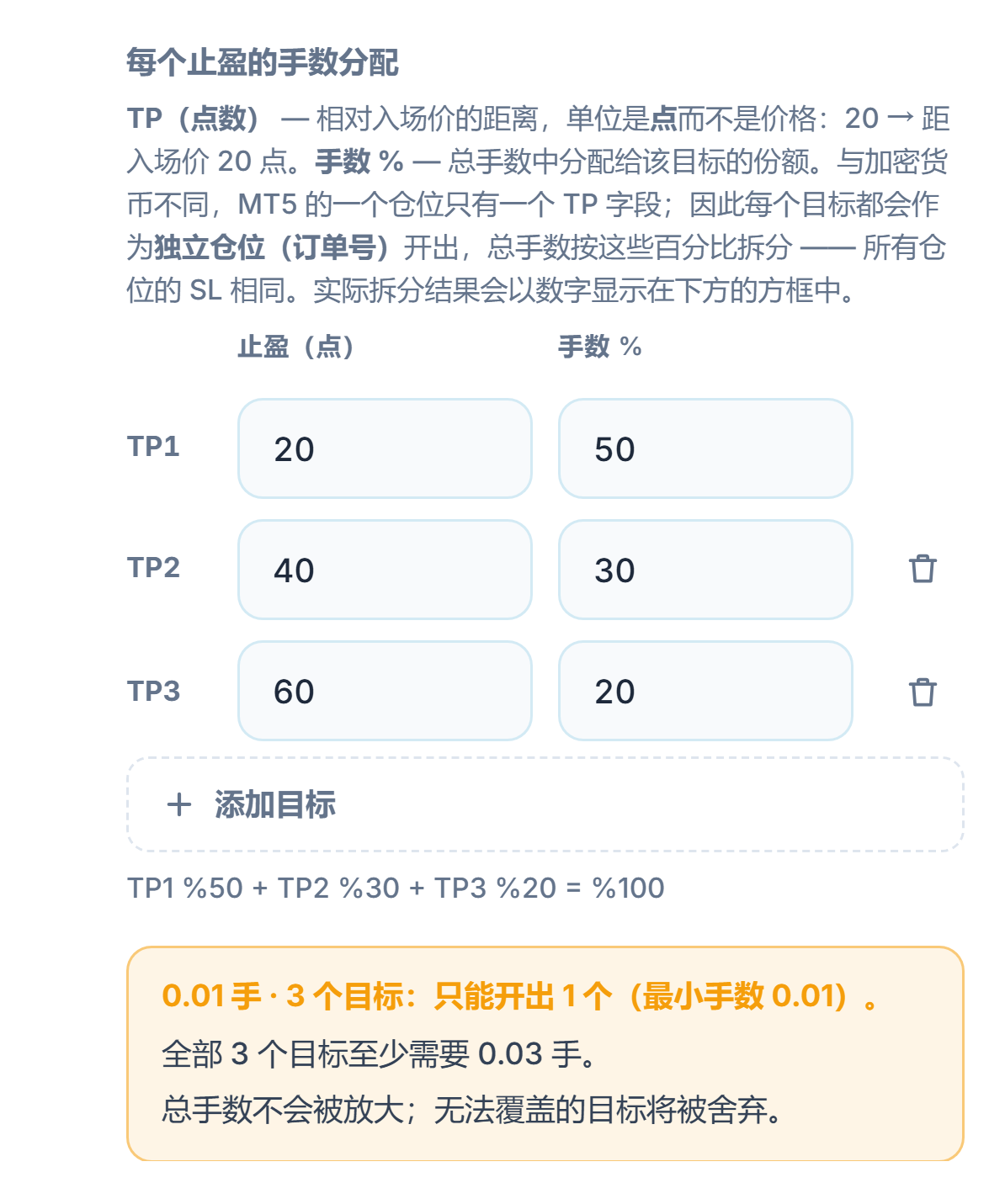 橙色警告：0.01 手 3 个目标，只能开 1 个目标；要满足 3 个目标至少需要 0.03 手