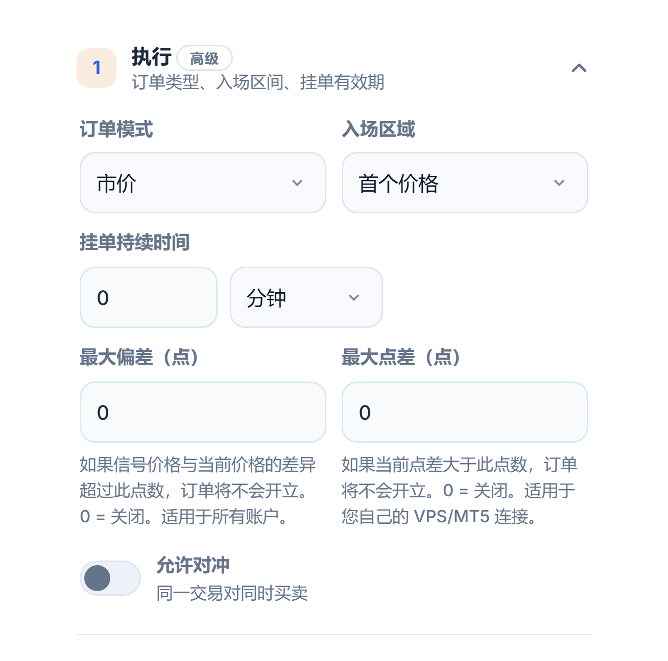 执行部分：订单模式、入场区域、挂单持续时间、最大偏差、最大点差和允许对冲开关