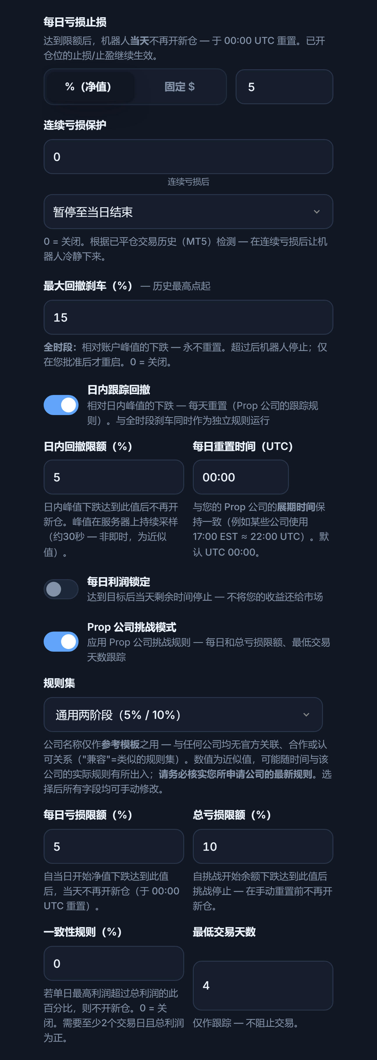 保护盾高级：每日亏损停止、连续亏损保护、最大回撤、日内跟踪回撤、每日利润锁定、Prop 公司挑战模式和规则集