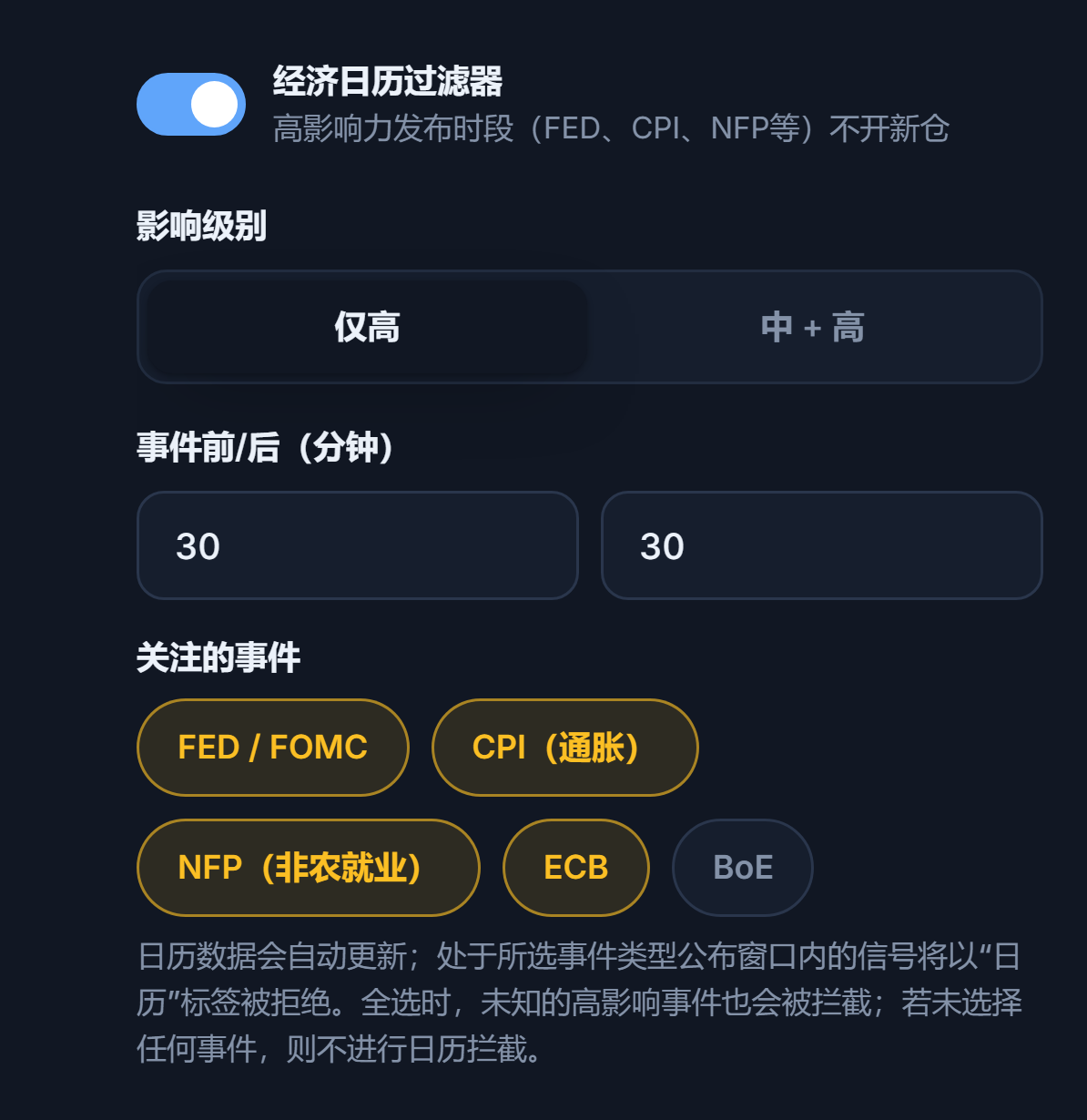 经济日历过滤器：开关已开启、影响级别、新闻前后分钟数、事件类型