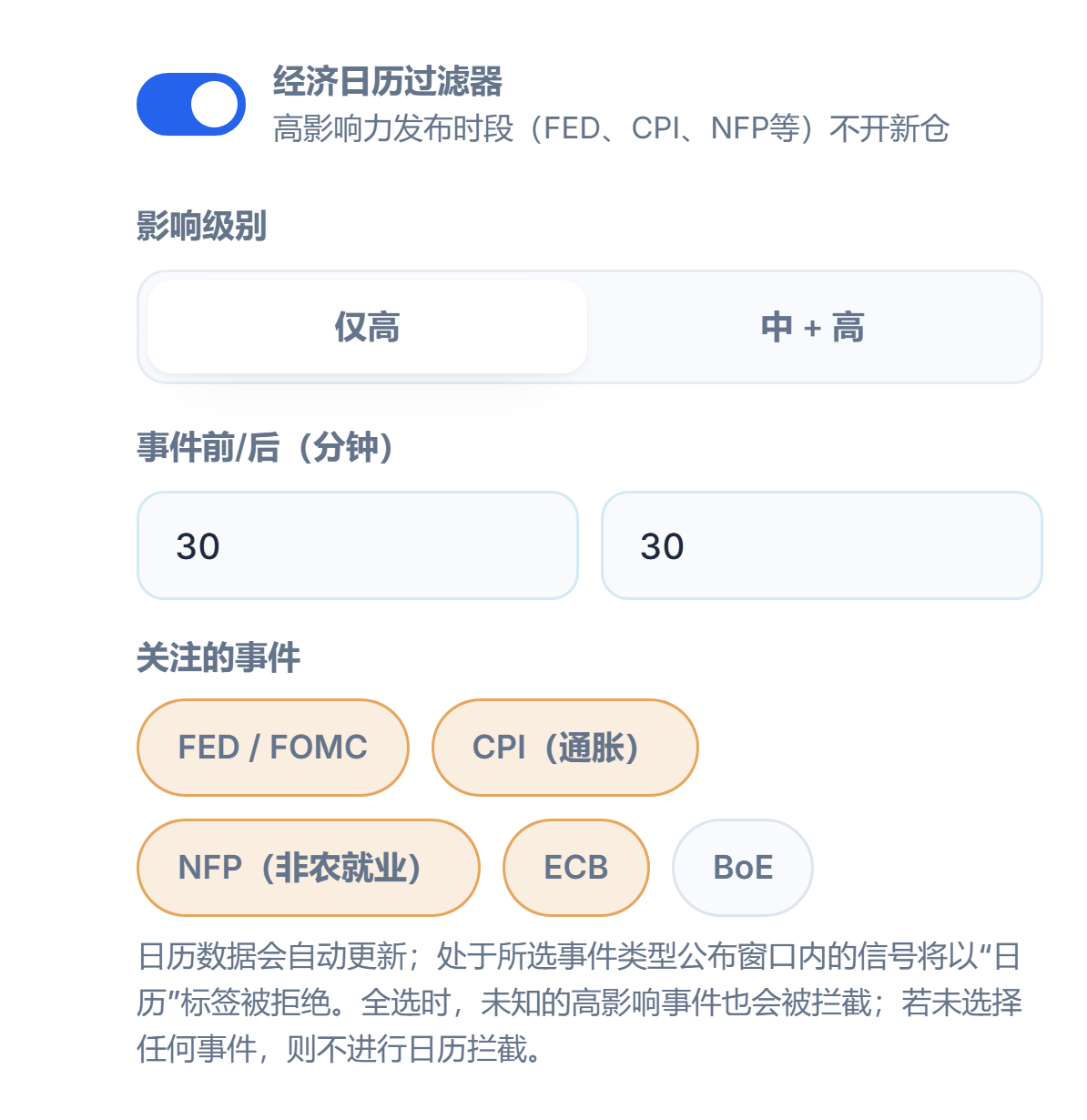 经济日历过滤器：开关已开启、影响级别、新闻前后分钟数、事件类型