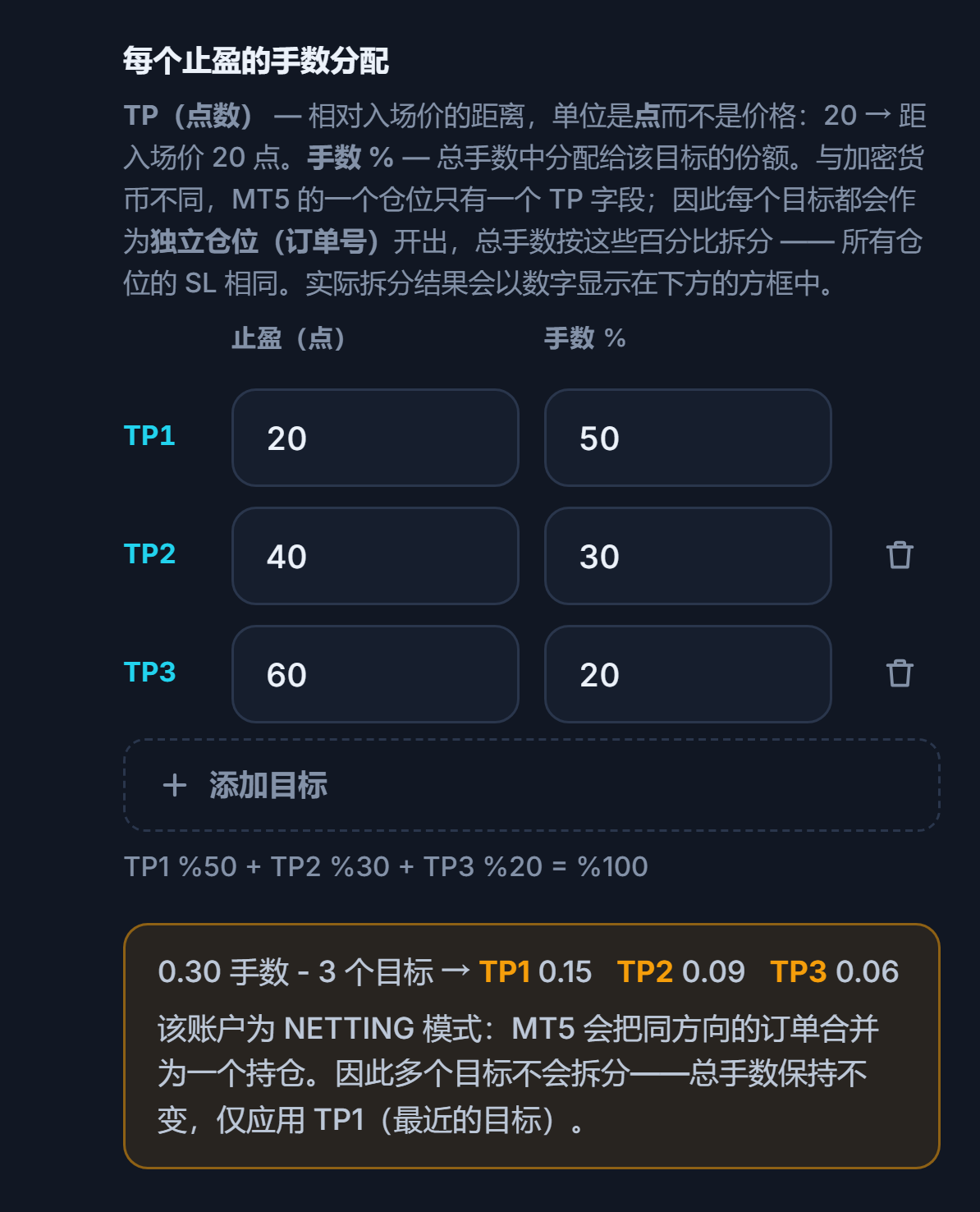 NETTING 账户提示：多个目标不会被拆分，保留总手数，只应用 TP1
