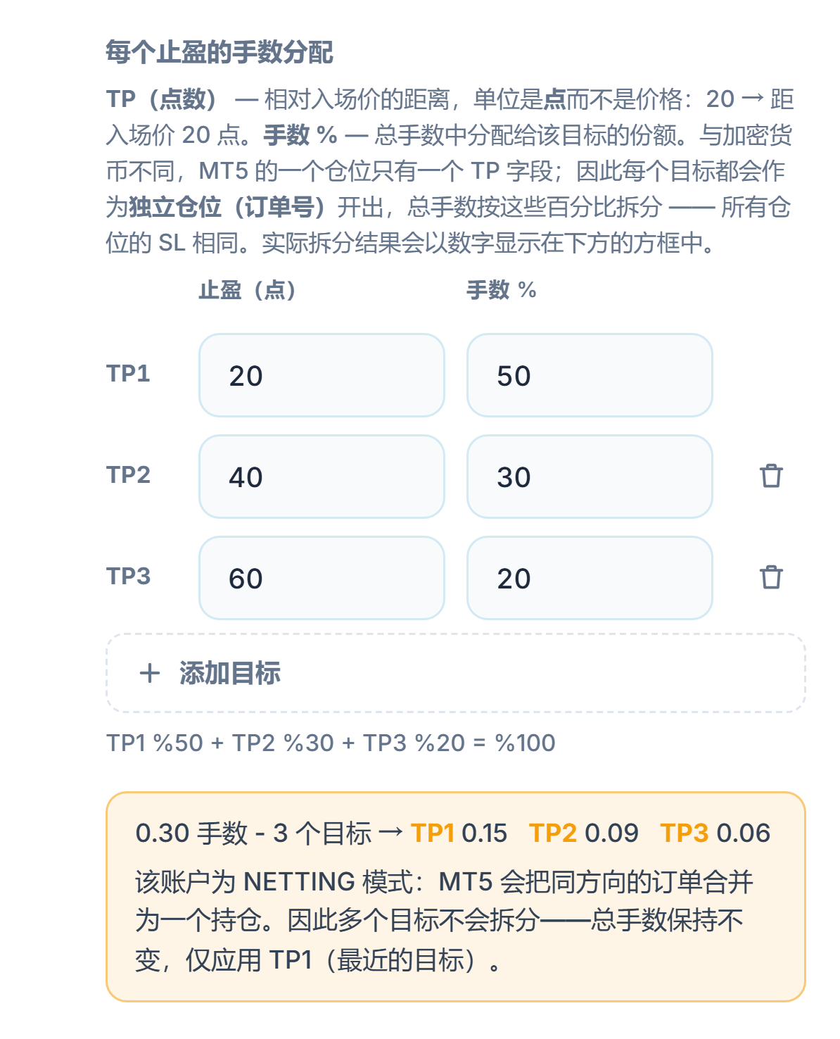NETTING 账户提示：多个目标不会被拆分，保留总手数，只应用 TP1